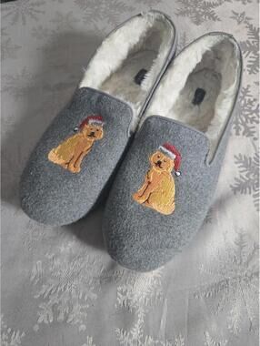 Talbots Christmas Golden Retriever Embroidered Wool Blend Slippers Size 8